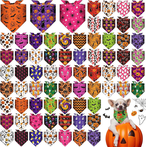 72 Pcs Halloween Dog Bandanas Bulk Pumpkin Triangle Scarf Cat Bibs Puppy