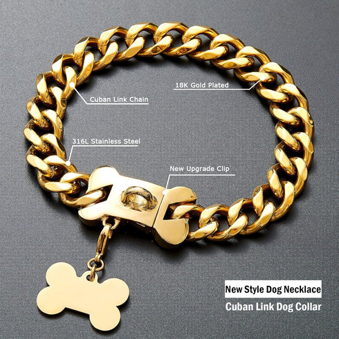 Strong Stainless Steel Gold Dog Chain Collar, Heavy Duty Chew Proof Cuban Link Necklace for Medium Dogs (Long 16'')