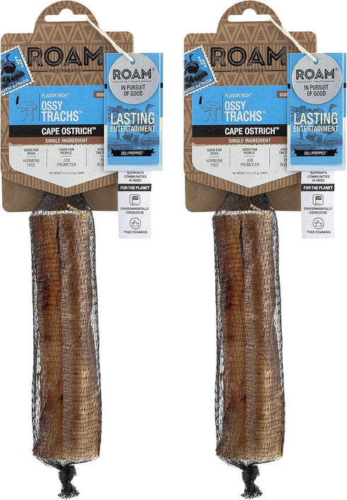 ROAM Pet Treats Ossy Trachs Chews Pack of 2 for Medium and Large Dogs - Long Lasting Ostrich Trachea