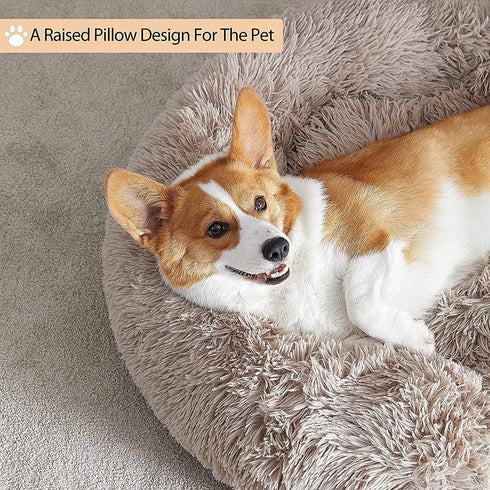 WNPETHOME Calming Dog Bed Cat Bed Donut, Faux Fur Self-Warming Cuddler, Round Plush (30 x 30 x 10 Inch, Brown)