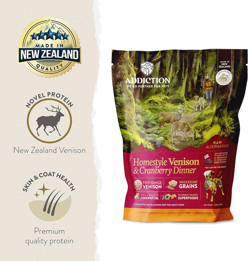 Addiction Homestyle Venison & Cranberry Dinner, 2 lb - Raw Alternative Dog Food, Gently Air-Dried Complete Meal