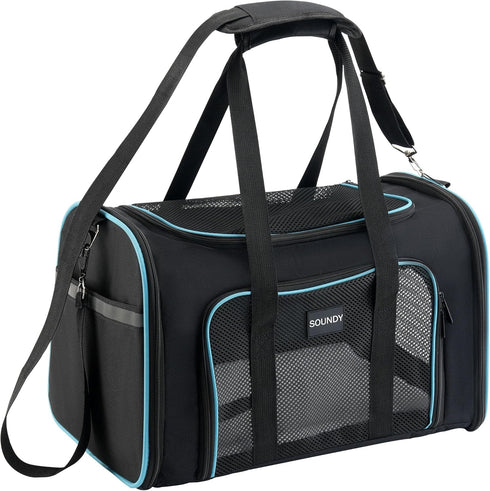 Soundy Large Cat Carrier, Portable Soft Sided Carrier for Cats and Small to Medium Dogs under 25 lbs, Black