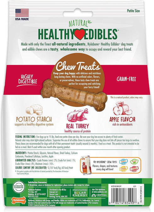 Nylabone Healthy Edibles Natural Dog Chews Long Lasting Chew Treats, Turkey & Apple Flavor, X-Small/Petite (12 Count)