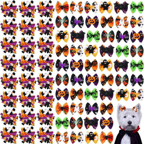 Weewooday 70 Pieces Dog Hair Bows with Rubber Band, Bowtie Pet Accessories for Independence Day, Christmas, Small Puppy