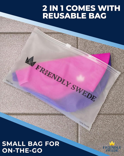 The Friendly Swede 2-Pack Swim Caps for Women & Men — Waterproof Silicone Swimming Caps for Medium & Long Hair