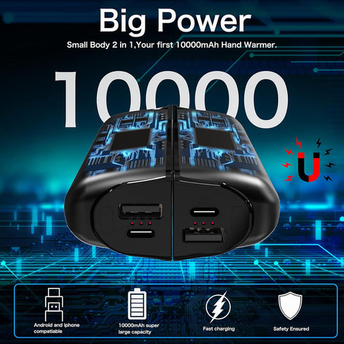Hand Warmers Rechargeable, 10000mAh Split-Magnetic 2 Pack, Electric Reusable Power Bank for Outdoor Winter