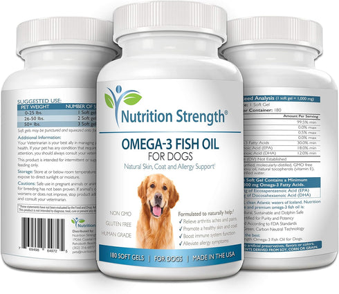 Omega 3 Fish Oil Soft Gels for Dogs - EPA & DHA for Heart, Skin, Coat & Allergy Support, 180 Soft Gels