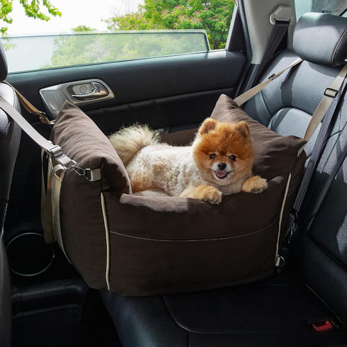Lesure Small Dog Car Seat - Waterproof Booster Seat with Storage Pockets and Clip-On Safety Leash, Brown