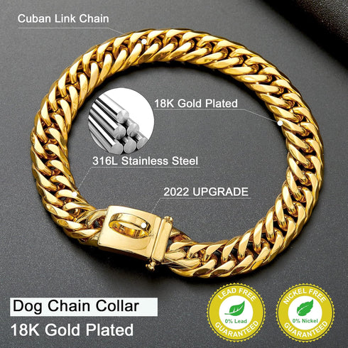 Gold Chain Dog Collar - 16MM 18K Gold Cuban Link with Secure Snap Buckle for Small Pitbull (16MM, 20")