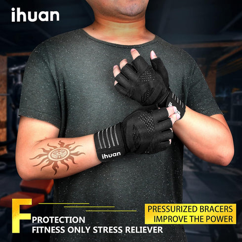 ihuan Ventilated Weight Lifting Gym Workout Gloves with Wrist Wrap Support for Men & Women, Full Palm Protection