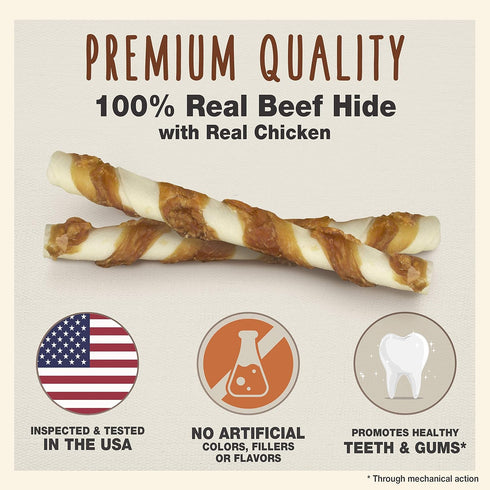 Cadet Gourmet Beef Hide Twist Chew Sticks, Long Lasting & Natural Chew Treats for Dogs, Inspected & Tested in USA, Chicken Flavor (6 Count)