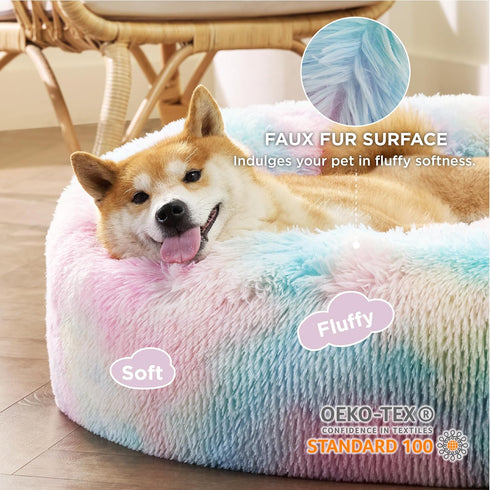 Bedsure Calming Dog Bed for Medium Dogs, Donut Washable Plush Faux Fur Cat Bed - Multi-Colored, 30 inches