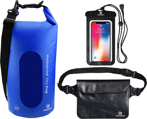 Waterproof Dry Bags Set of 3 with 2 Zip Lock Seals, Detachable Shoulder Strap, Waist Pouch & Phone Case - Navy Blue