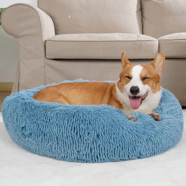 Dog Beds for Medium Dogs - Washable Calming Blue Fluffy Soft Bed, Anti-Anxiety Faux Fur Round Pet Bed