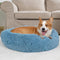Dog Beds for Medium Dogs - Washable Calming Blue Fluffy Soft Bed, Anti-Anxiety Faux Fur Round Pet Bed