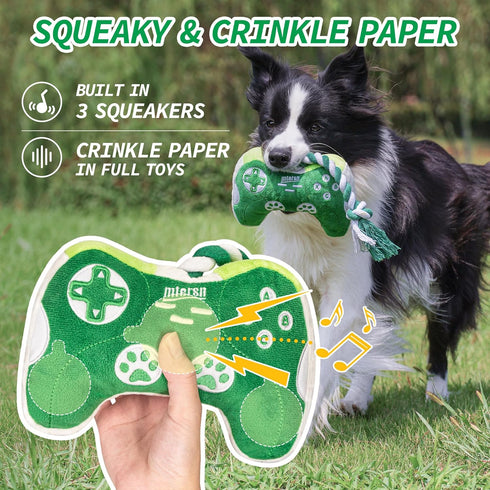 Squeaky Dog Toys: Interactive Plush Toy with Crinkle Paper and Cute Puppy Chew Toys with Rope - Gaming Controller Gift