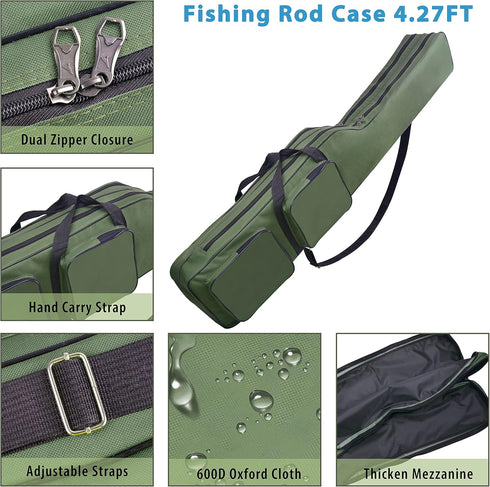 FUSIGO Fishing Rod Case Bag, 4.27ft Waterproof Fishing Rod Reel Organizer, Large Capacity Travel Bag