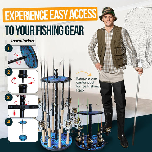 Rush Creek Creations Round Spinning Fishing Rod Holder for 16 Freshwater Fishing Poles, Garage Organization