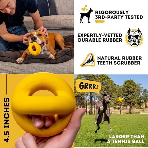 Indestructible Ring Ball for Aggressive Chewers, Non-Toxic Natural Rubber Dog Toys, Butter Scent, Yellow (4.5”)