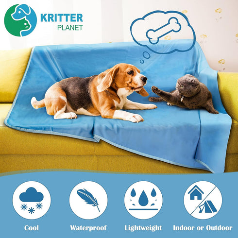 Kritter Planet Waterproof Cooling Dog Mat - Soft Lightweight Cooling Pet Blanket for Summer, 50 x 60 inch, Blue