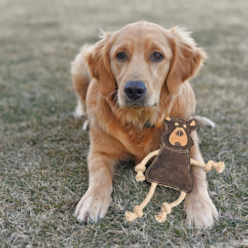 SPOT Dura-Fused Leather Forest Animals Dog Toy with Squeaker and Rope Limbs, 14in, Assorted Styles