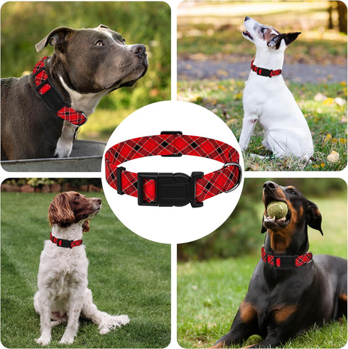 Dog Collar, Adjustable Soft Plaid Pet Collar with Safety Buckle for Small Medium Large Dogs, Classical Boys Girls (Red