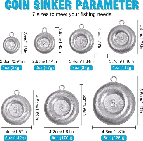 Fishing Weights Disc Sinkers, Coin Sinkers Saltwater Surf Catfishing Gear Tackle 8oz 6oz 5oz 4oz 3oz 2oz 1oz
