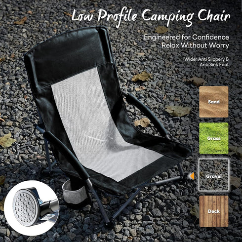 NEWBULIG Low Beach Chair Folding Camping Chair for Adults, Low Profile Lawn Chair with Cup Holders & Carry Bag, Extra