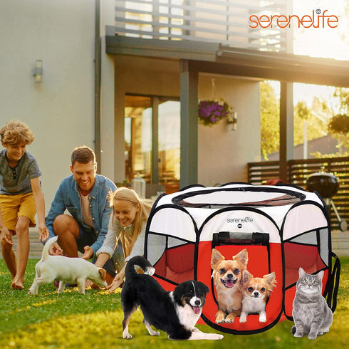 8-Panel SereneLife On-The-Go Foldable Portable Pet Tent Playpen for Dog & Cat w/Food/Water Bowl, Mesh Exercise Puppy