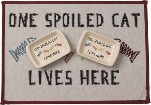 PetRageous One Spoiled Cat Tapestry Non-Skid Machine Washable Placemat, 13-Inch by 19-Inch, Off-White
