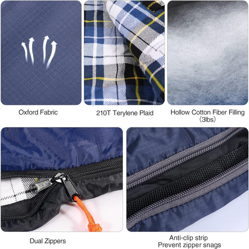 REDCAMP Flannel Sleeping Bag for Adults, Comfortable Cotton Camping Bag with Detachable Hood, Red/Grey/Blue