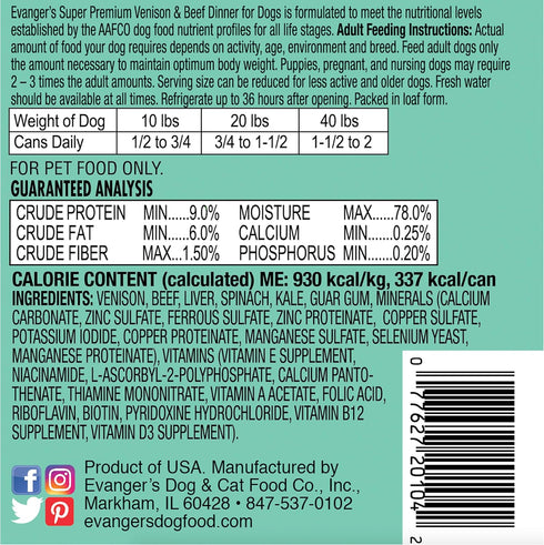 Evanger's Super Premium Limited Ingredient Venison & Beef Dinner for Dogs, 12.5 oz (Pack of 12)