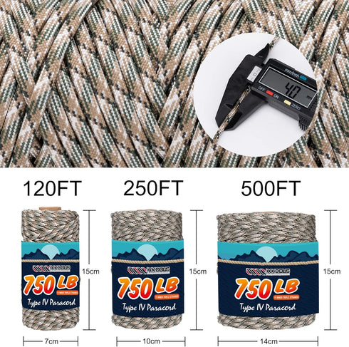 XKDOUS Paracord 750 lb 120ft Mixed Camo Parachute Cord, 100% Nylon Tactical Paracord Rope for Camping & Hiking