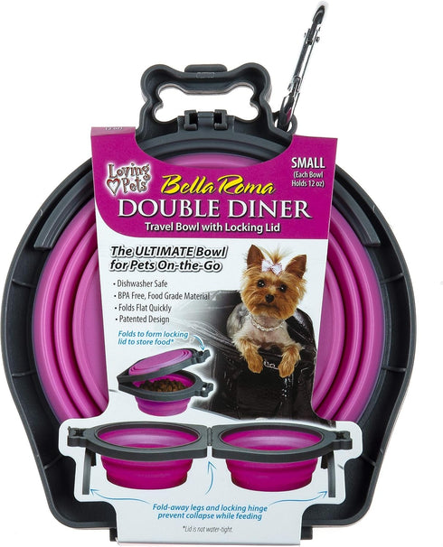 Loving Pets - Bella Roma Double Diner Portable Travel Dog Bowls - Collapsible Combined Dog Food & Water Bowls (Pink,