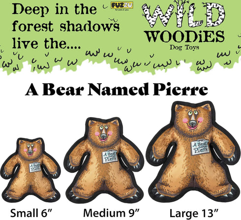 FUZZU Durable Dog Toy with Squeaker, Tough Chew Toy, Wild Woodies - A Bear Named Pierre, Medium 9"