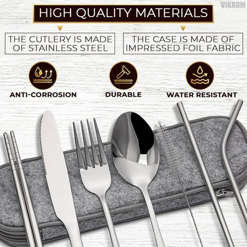 Travel Silverware Set with Case, 8Pcs Stainless Steel Fork Spoon Knife Set, Portable Camping Cutlery Set