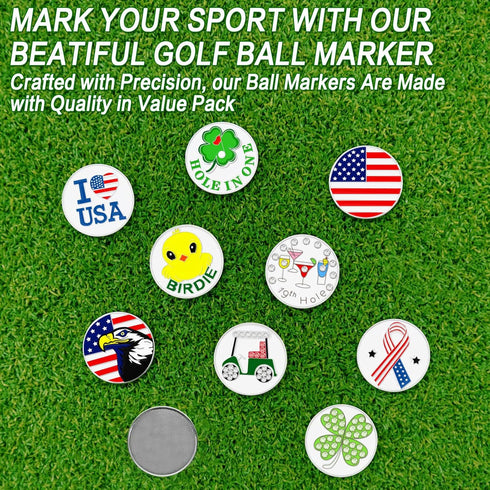 Set FINGER TEN Golf Ball Marker with Hat Clip Markers Assorted Patterns Value Gift Mark Golf Divot Tool Accessories
