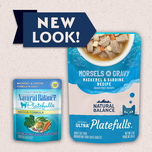 Natural Balance Original Ultra Platefulls Indoor Adult Grain Free Wet Cat Food, Mackerel & Sardine Recipe, 3 oz Pouch