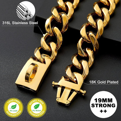 Dog Chain Collar, 19mm Snap Clasp, Stainless Steel 18K Gold Curb Chain, Pet Walking Collar (26 inches)