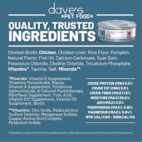 Dave's Pet Food Urinary Tract Cat Food, Chicken Pate in Gravy, Non-Prescription Low Magnesium Diet, 5.5 oz (Case of 24)