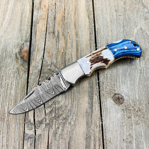 WINTERFELL Damascus Pocket Knife For Men - 6.5" Handmade Folding Knife with Leather Sheath for Hunting and Camping