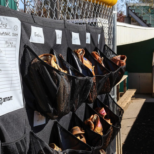 Get Out! Dugout Organizer for Helmets, Gloves, Bats - 15 Pocket Baseball Coaching Accessories with 7 Hooks