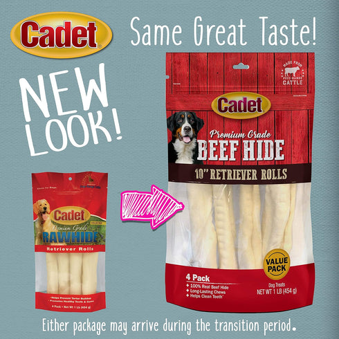 Premium Grade Beef Hide for Dogs, Long Lasting Rawhide Retriever Rolls, 10 Inch (4 Count) by Cadet
