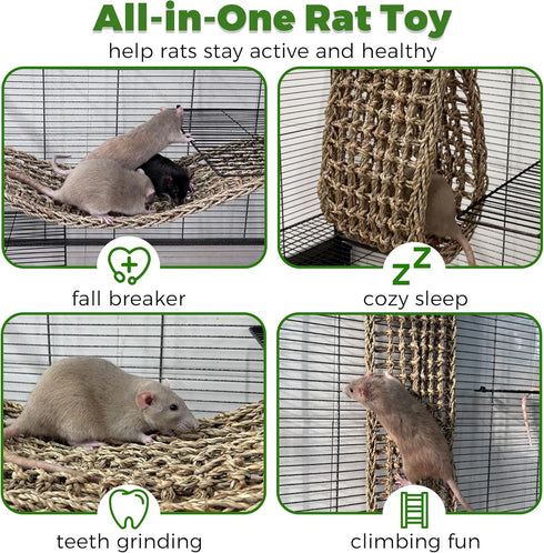 30x7inch Hammock Rat Climbing Toys for Cage, Chewable Natural Seagrass Mat with Metal Hooks, Soft Fall Breakers
