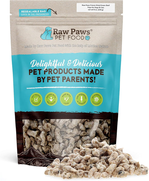 Raw Paws Freeze-Dried Green Beef Tripe for Dogs & Cats, 8-oz - Grain & Wheat Free - Made in USA