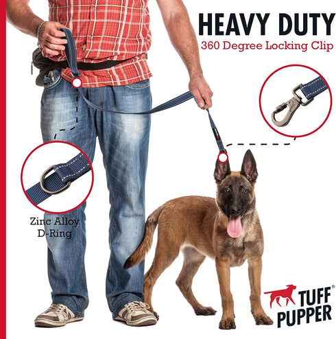 Tuff Pupper Heavy Duty Double Handle Dog Leash, Twist Locking Carabiner Clip, Reflective for Safe Night Walks