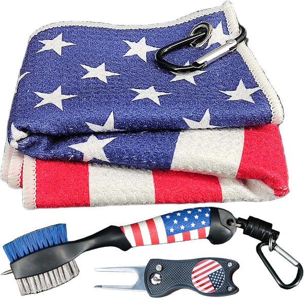 Golf Club Brush and American Flag Golf Towels, Cleaning Kit, Golf Accessories Cleaner Tool with Strong Magnet