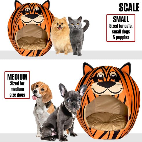 Maccabi Art Tiger Theme Dog Bed, Cute Igloo Style Pet Bed, Fits Small Dogs, Puppies, Cats, Non-Slip Design, 16 x 16 x 18
