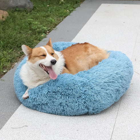 Dog Beds for Medium Dogs - Washable Calming Blue Fluffy Soft Bed, Anti-Anxiety Faux Fur Round Pet Bed