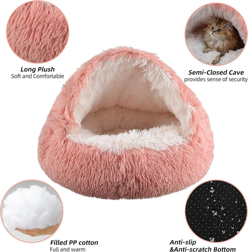 Round Plush Fluffy Cat Bed, Hooded Calming Cave for Dogs & Cats, Self Warming Bed with Non-Collapsed Cover, Machine